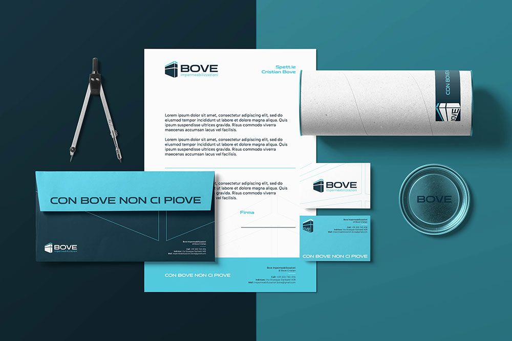 Busta da lettere, carta intestata, biglietto da visita e contenitore cilindrico con logo e brand identity di Bove Impermeabilizzazioni