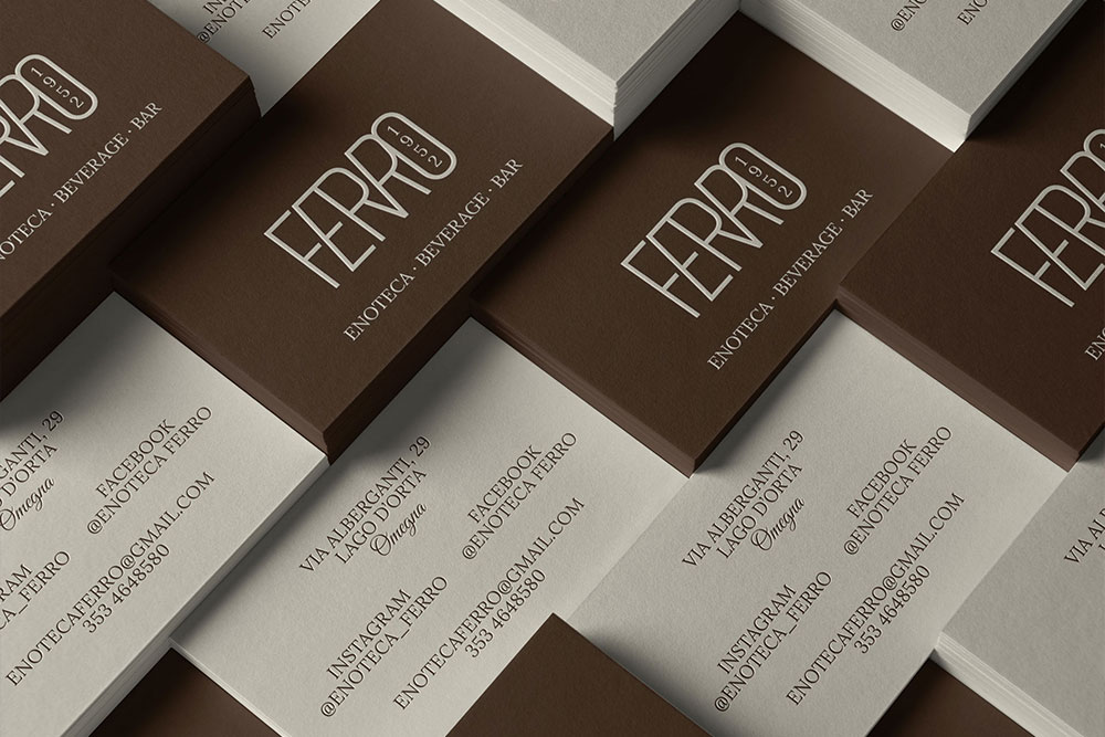 Biglietti da visita fronte e retro con logo e brand identity di Enoteca Ferro