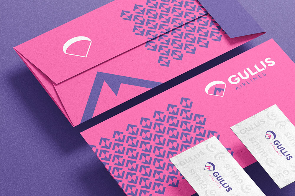 Buste Rosa con logo e brand identity di Gullis Airlines su sfondo viola